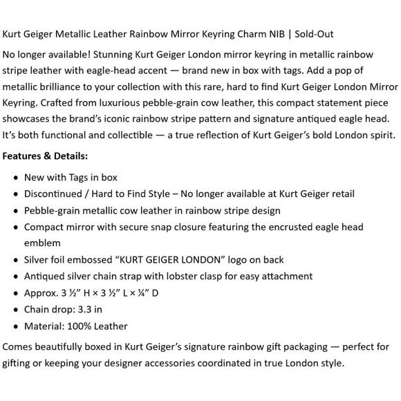 Kurt Geiger Metallic Leather Rainbow Mirror Keyring Charm NIB | Sold-Out - Picture 2 of 6